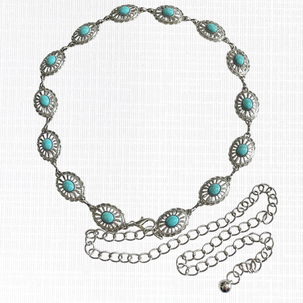 Womens Concho Chain Belt Silver Tone Turquoise Blue Faux Stone Accents 44 inch